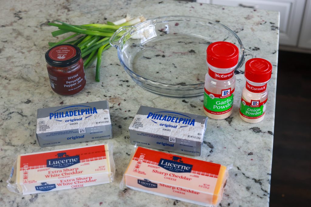 ingredients for baked pepper jelly cheese dip