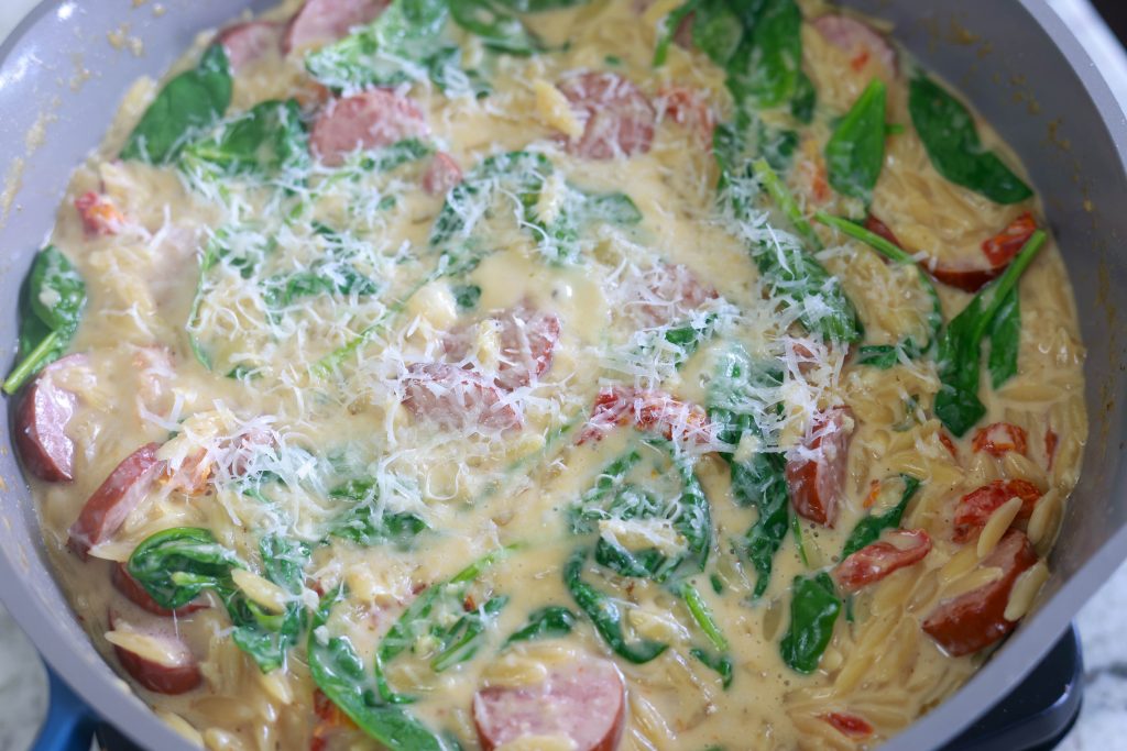turkey sausage orzo skillet dinner in our place skillet