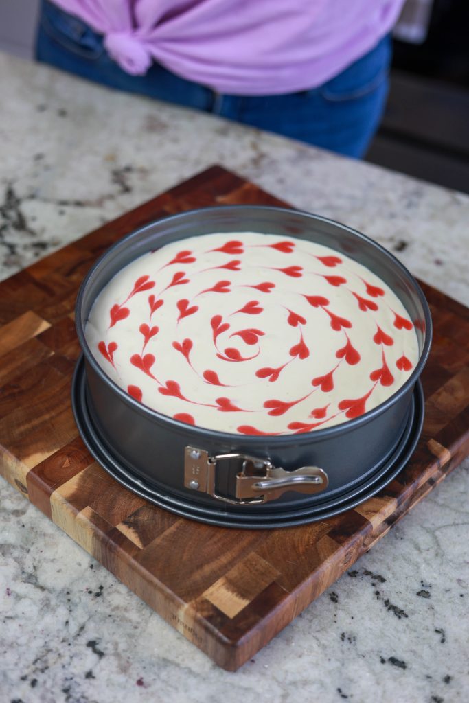 swirled hearts in strawberry swirl cheesecake