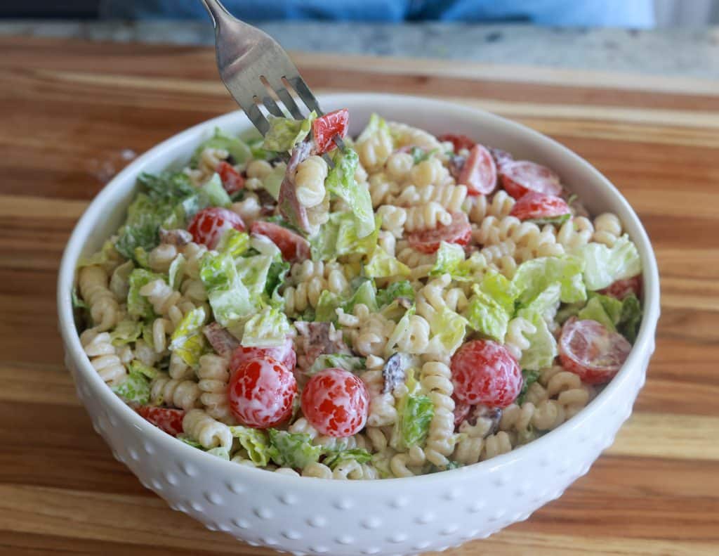 BLT Pasta salad with fork bite