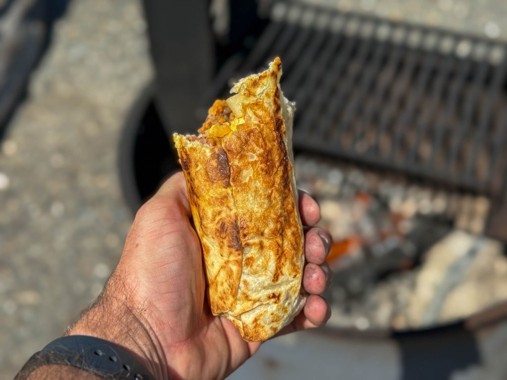 Delicious campfire breakfast burritos