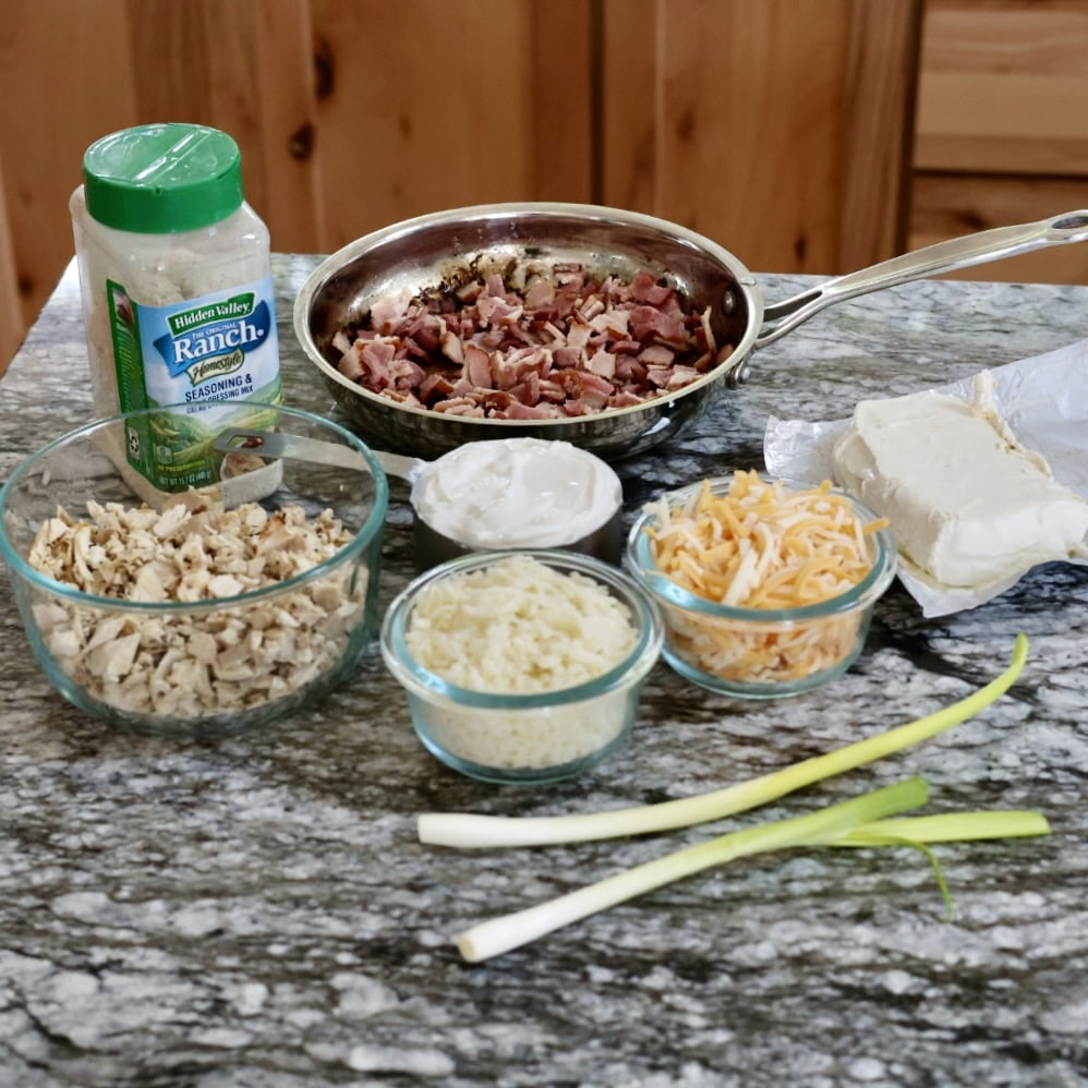 Ingredients for a savory chicken ranch bacon dip