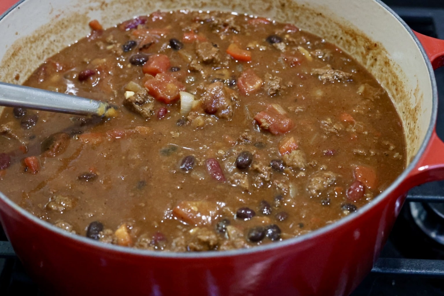 dutch oven full of savory pumpkin chili