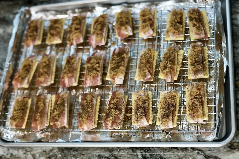 smoked gouda bacon crackers assembled and ready to bake on baking sheet
