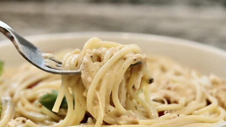 creamy crockpot chicken spaghetti close up