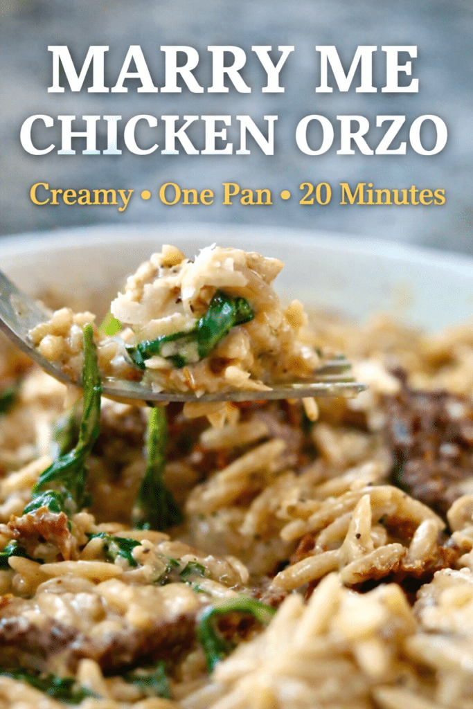 This Marry Me Chicken Orzo is a rich, creamy one-pan dinner made with tender chicken, sun-dried tomatoes, parmesan, and spinach. Ready in just 20 minutes, this easy chicken orzo recipe is perfect for busy weeknights and cozy comfort food cravings.