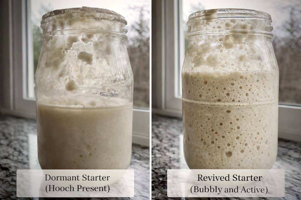 How to Revive Sourdough Starter. a hungry starter with hooch next to a fully fed starter.