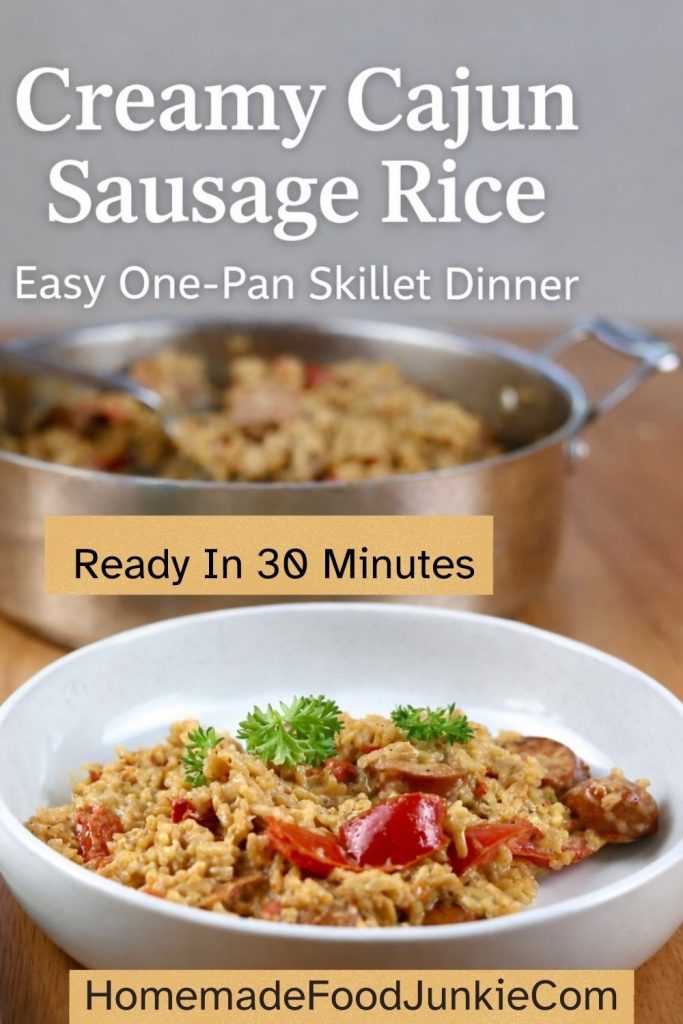 Creamy Cajun Sausage Rice Skillet Dinner in a bowl and skillet pin image