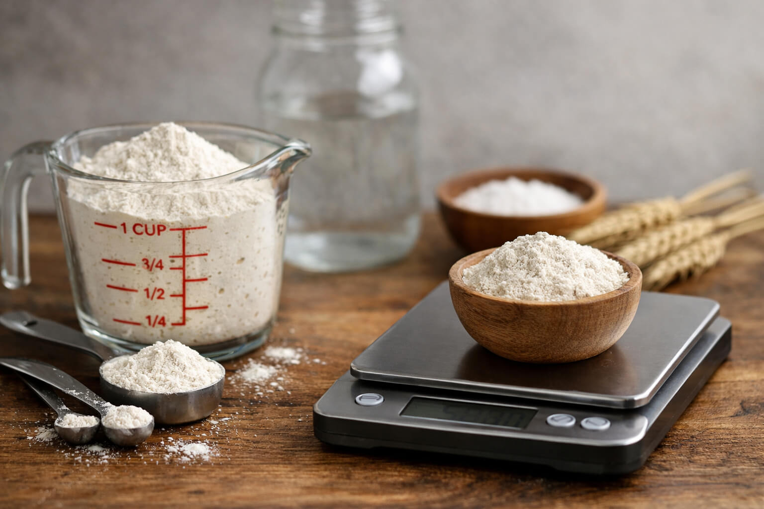 measure sourdough ingredients by weight. pictured are a digital scale weighing flour and a volume measuring cup with flour
