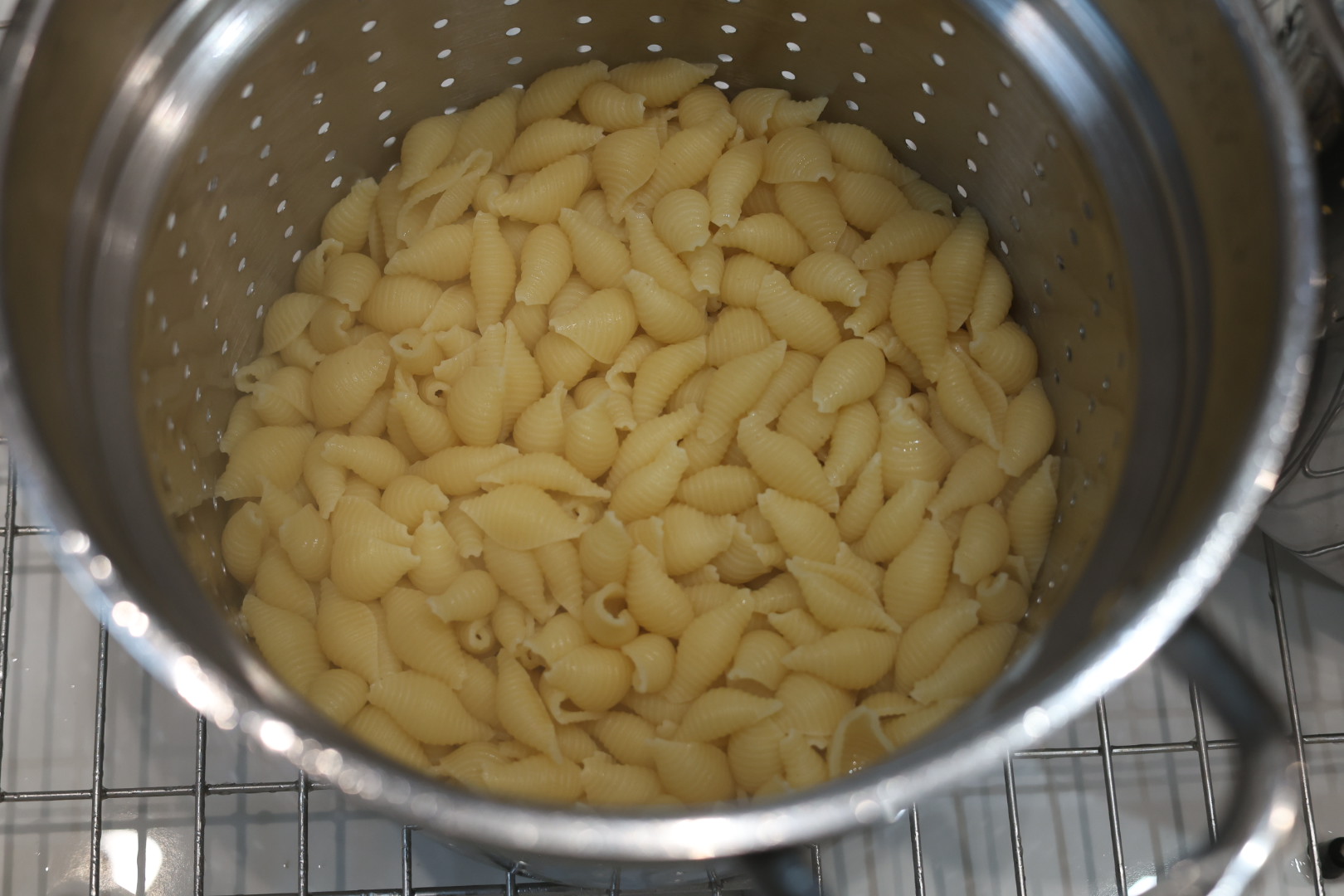 a colander with cooked and drained shell pasta