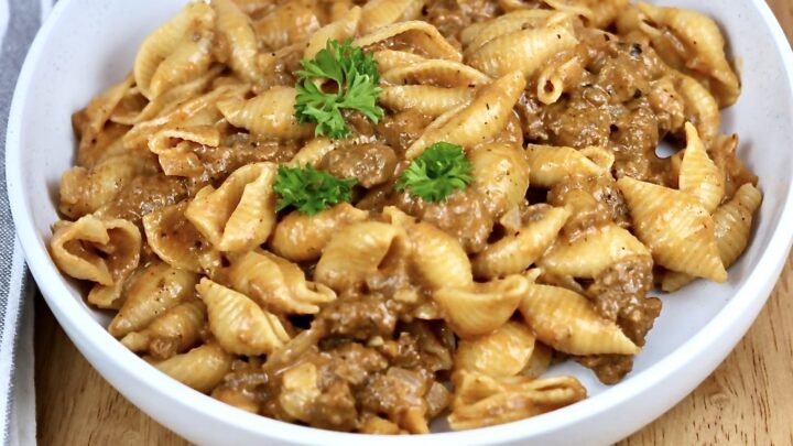 Cheesy Beef and Shells dinner in a white bowl
