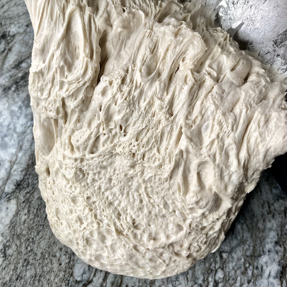 What Is Dough Structure in Sourdough? 12 Sourdough dough showing webby gluten and bubbles—signs of fermentation and structure during bulk