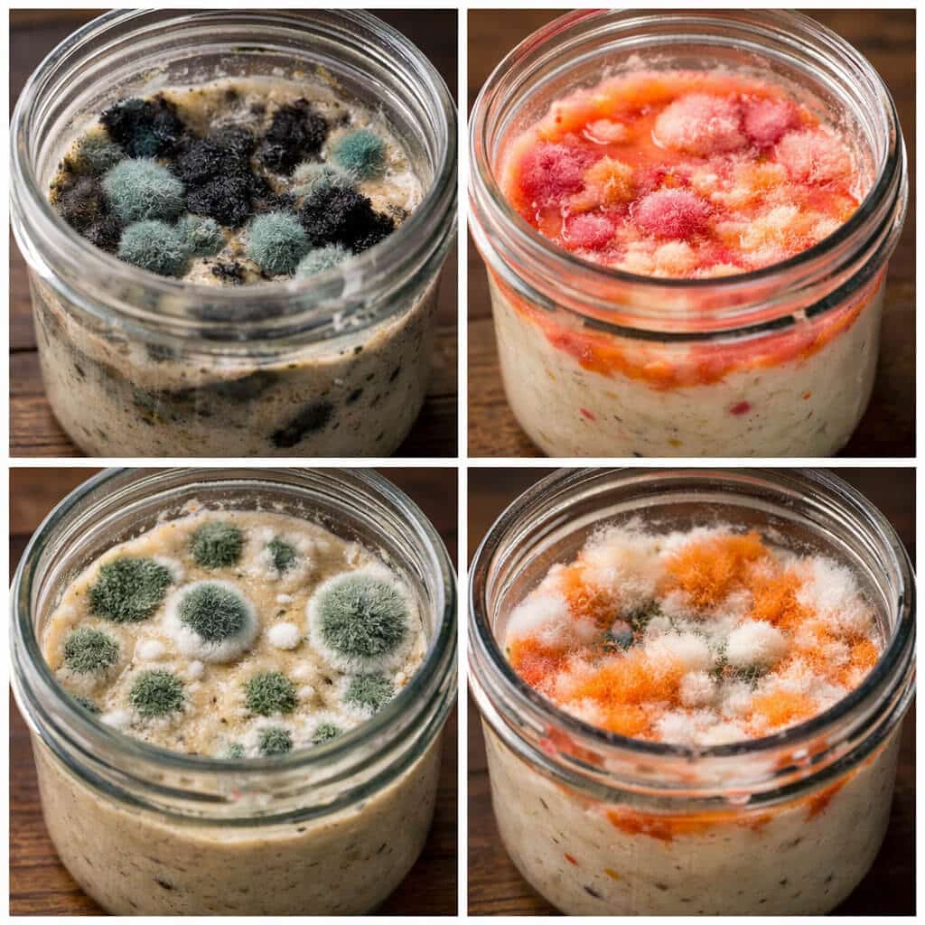 four starters growing mold of various colors.