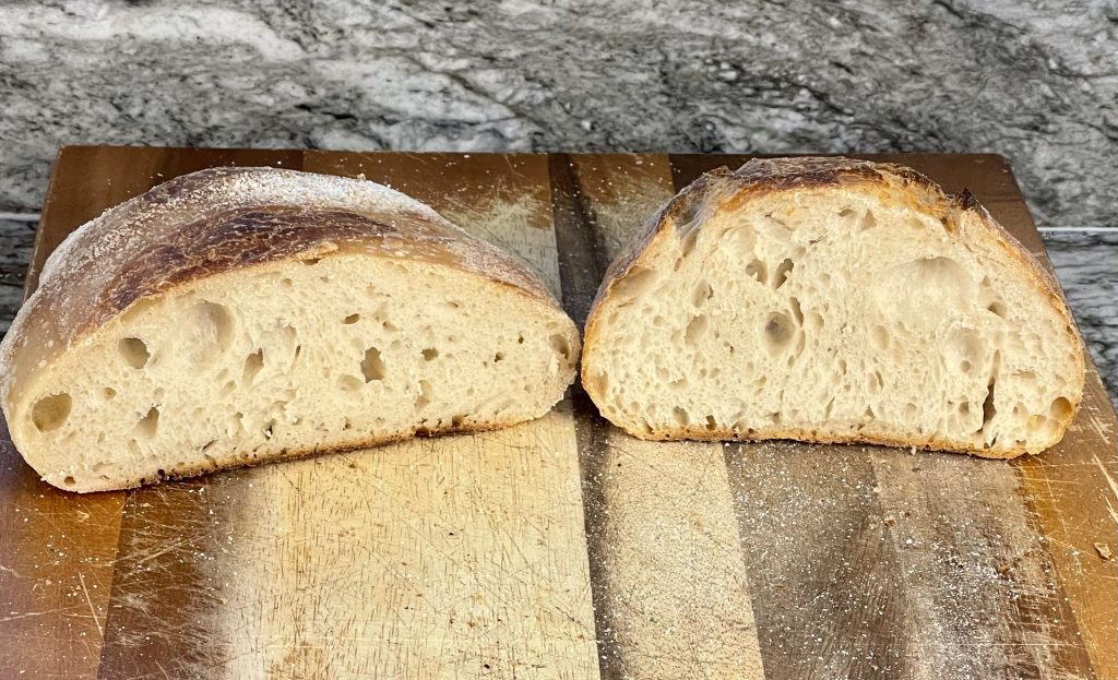 Side-by-side crumb comparison of two sourdough loaves showing structure difference between properly measured moderate hydration and higher hydration dough