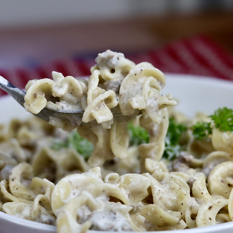 creamy ground beef stroganoff with egg noodles on a fork. One Pot Ground Beef Stroganoff is easy on the cook.