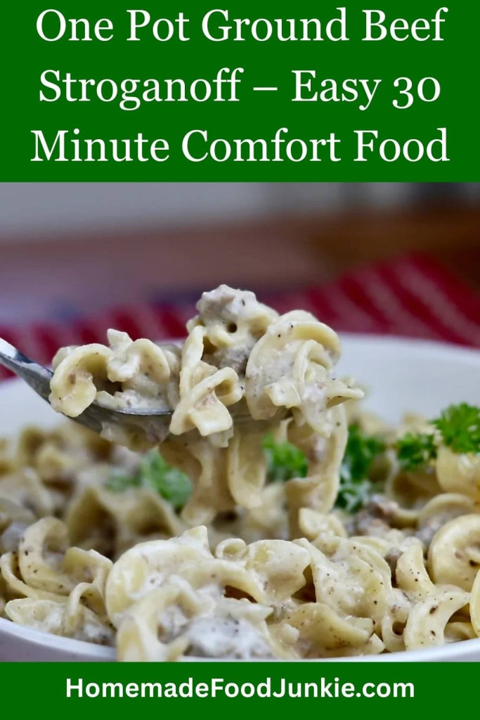 Creamy One Pot Ground Beef Stroganoff on a fork pin