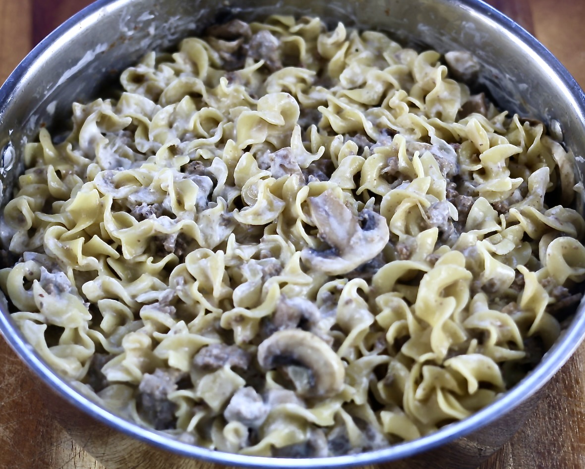 one pot ground beef stroganoff in a skillet