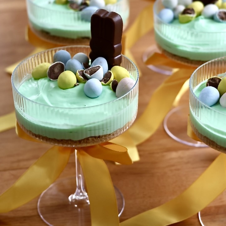 no bake easter cheesecake cups with cadbury eggs