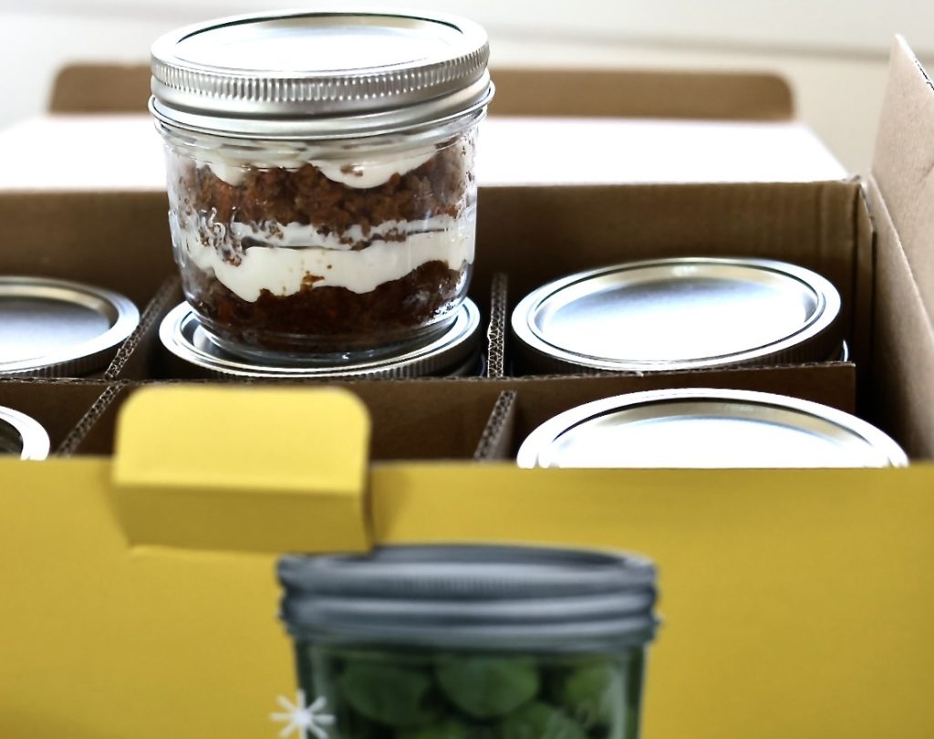 Carrot Cake Trifle Jars (Easy Mason Jar Dessert for Spring & Potlucks) 9 carrot cake trifle jars with lids in a box