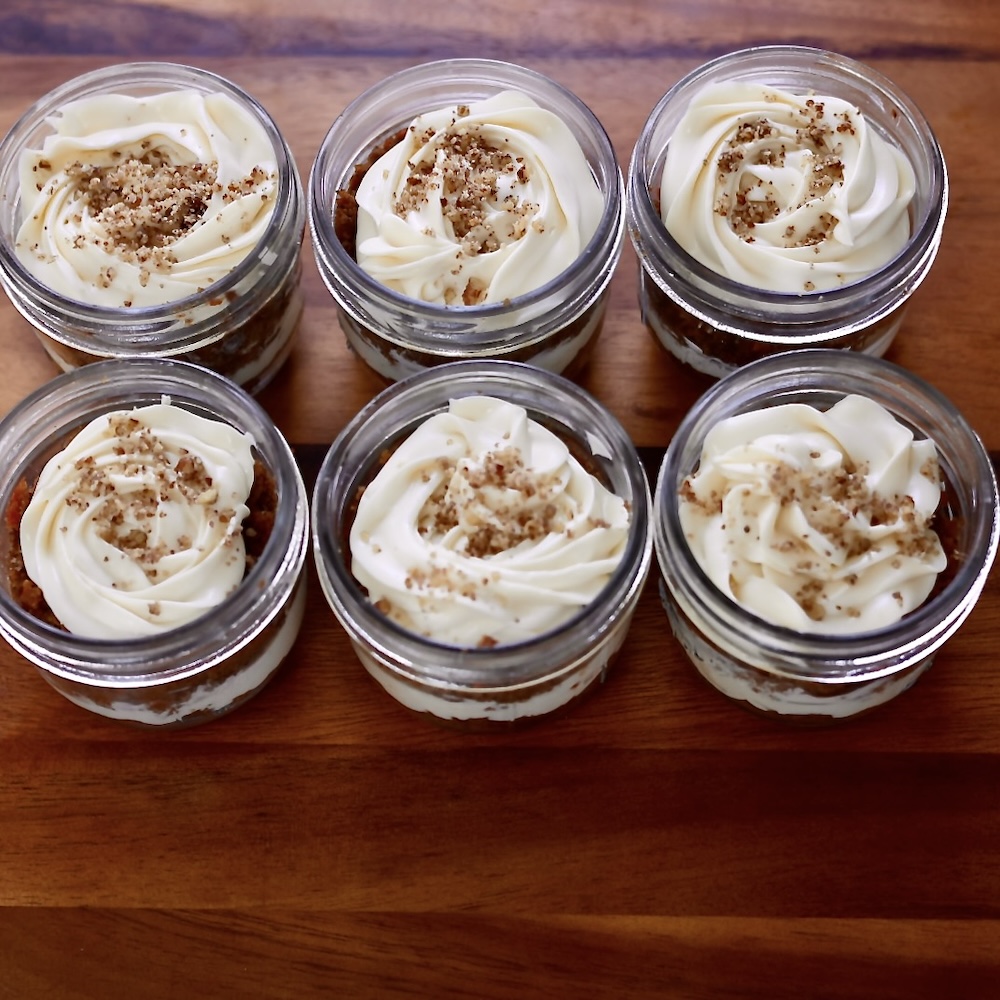 Carrot Cake Trifle Jars (Easy Mason Jar Dessert for Spring & Potlucks) 7 top view of carrot cake trifle jars