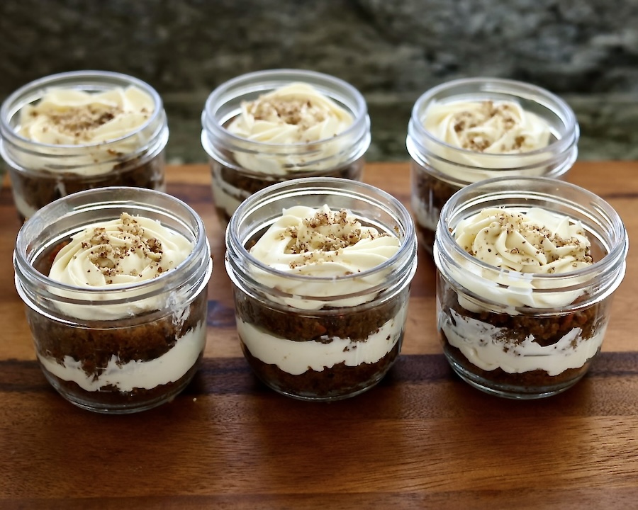 Carrot Cake Trifle Jars (Easy Mason Jar Dessert for Spring & Potlucks) 10 carrot cake trifle jars make a cute dessert. pictured here in a set of six.