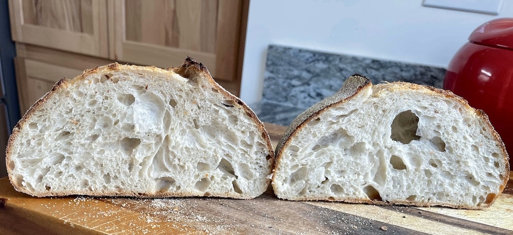 cut crumb of each half or sourdough loaf