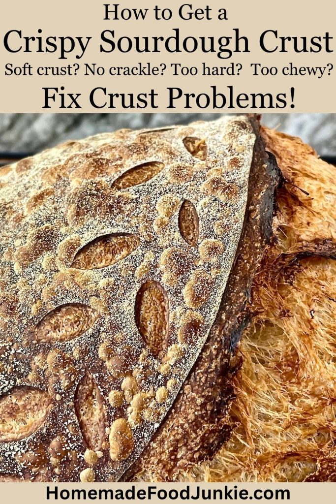 close up shot of sourdough crust with text overlay. pin image