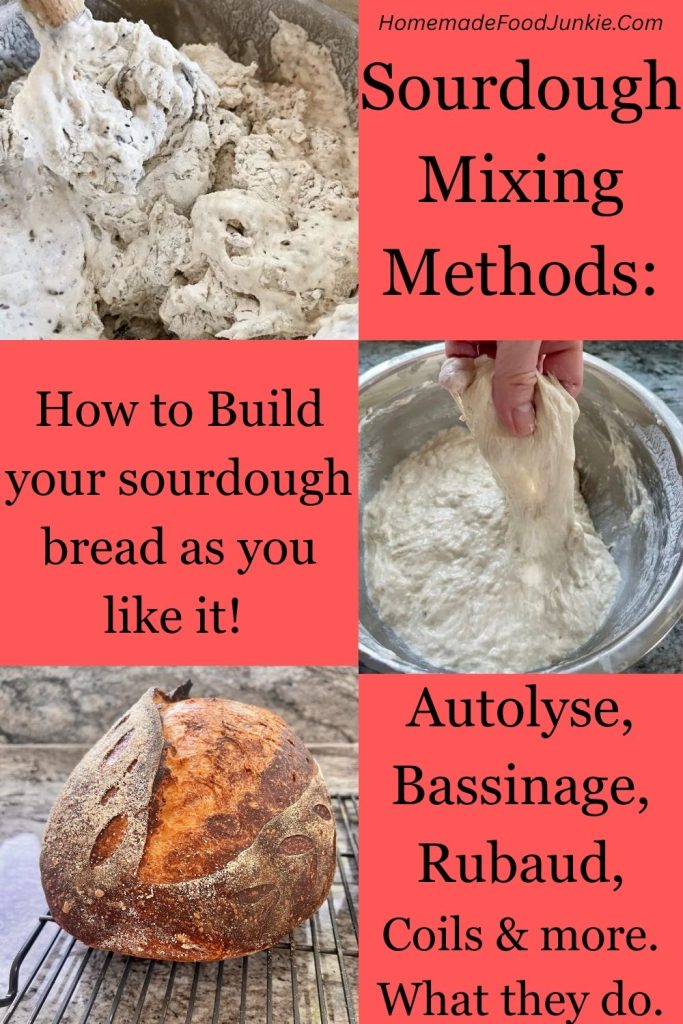 sourdough mixing methods: pin image collage of mixing methods