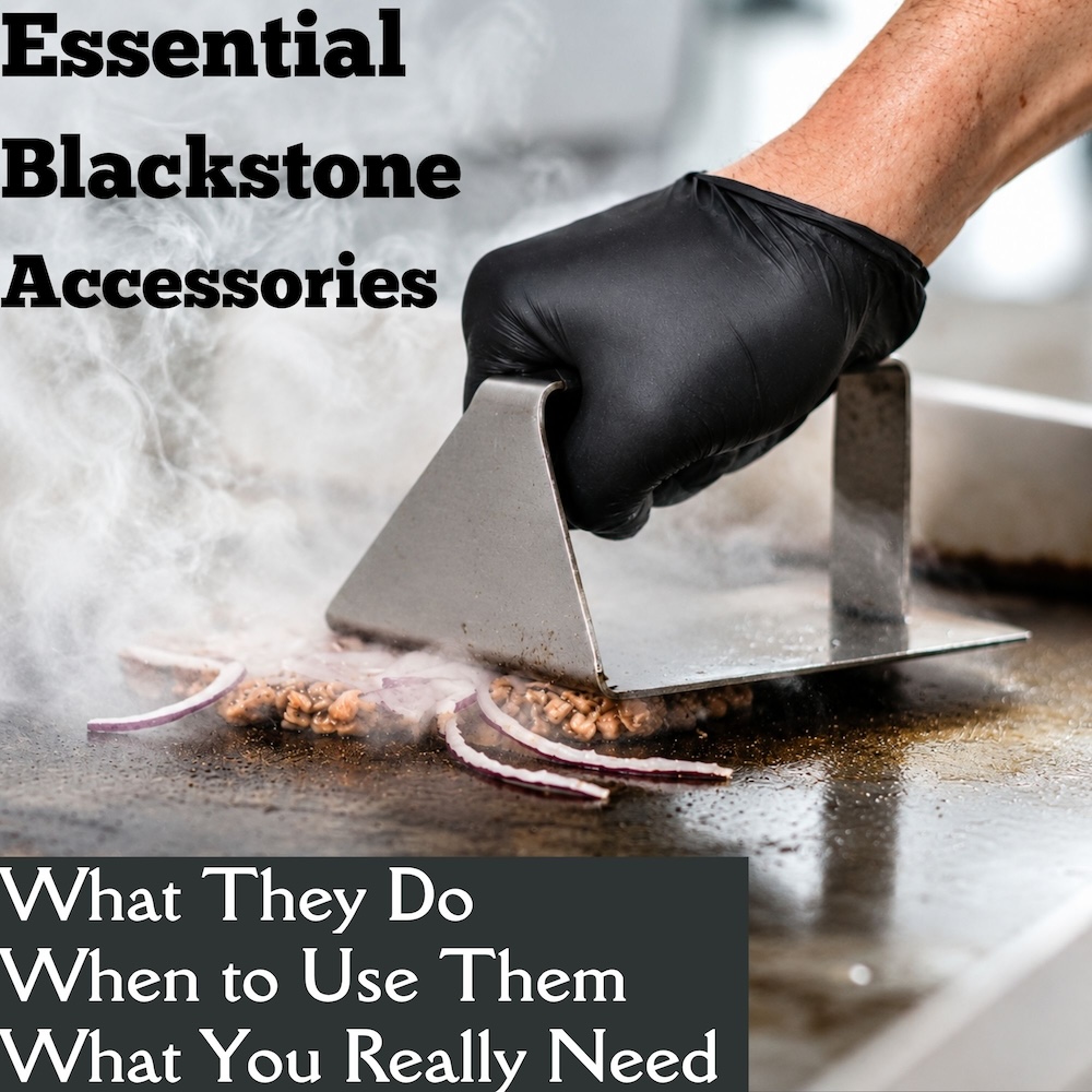 essentail Blackstone accessories featured image showing a hand using a burger press on blackstone griddle
