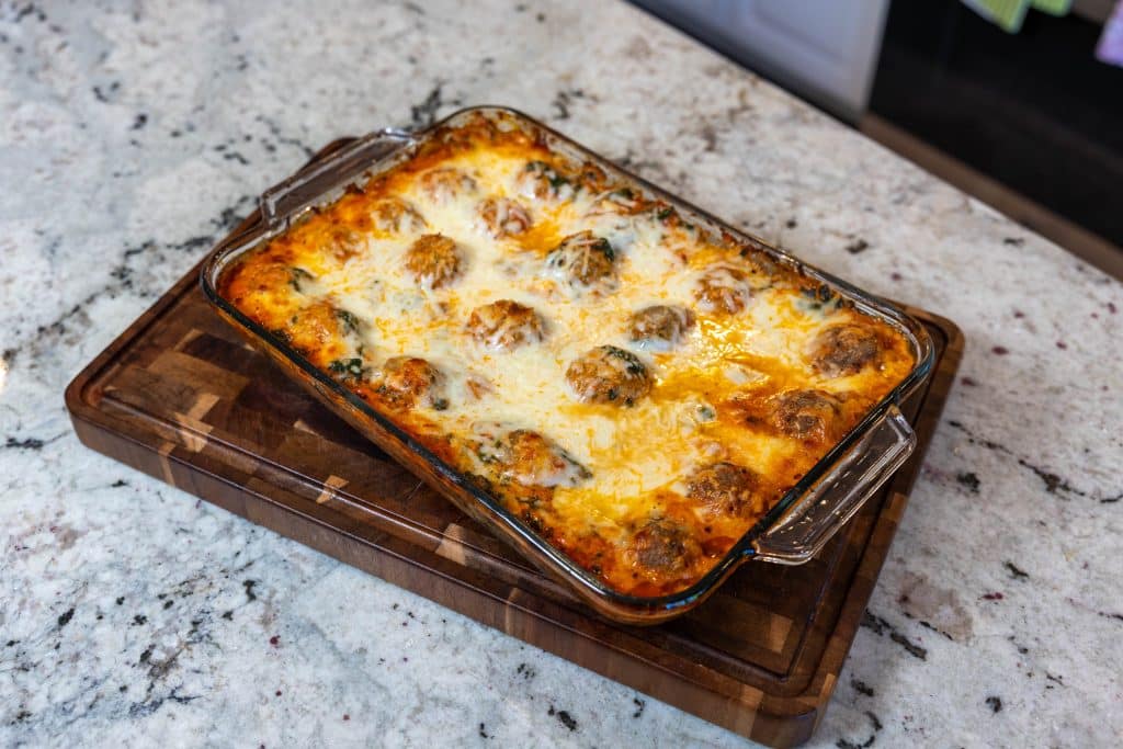 wide shot of pan of dump and bake lasagna