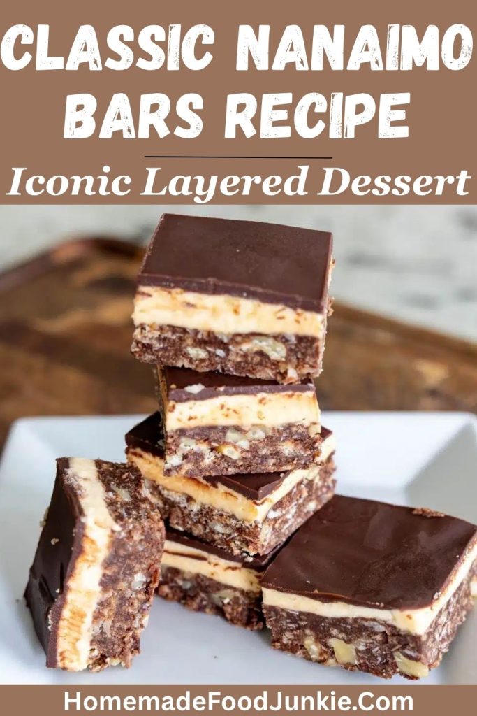 Nanaimo Bars shown stacked on a white plate on a wooden board.